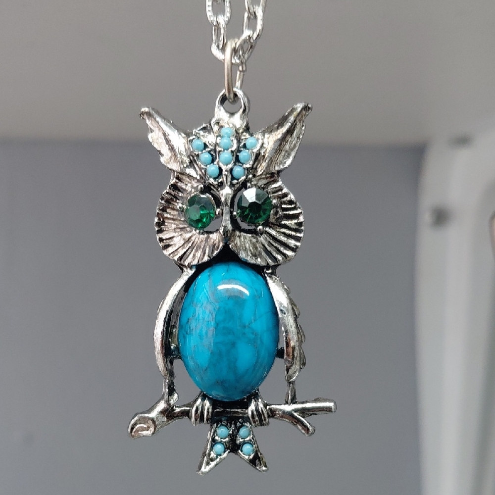 Vintage Rhinestone And Turquoise Owl Pendant Necklace